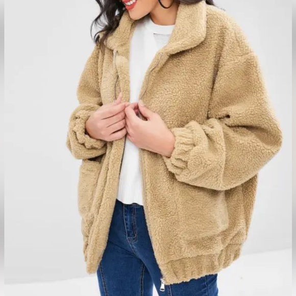 Fluffy Zip Up Winter Teddy Coat - Camel Brown - Picture 2 of 4